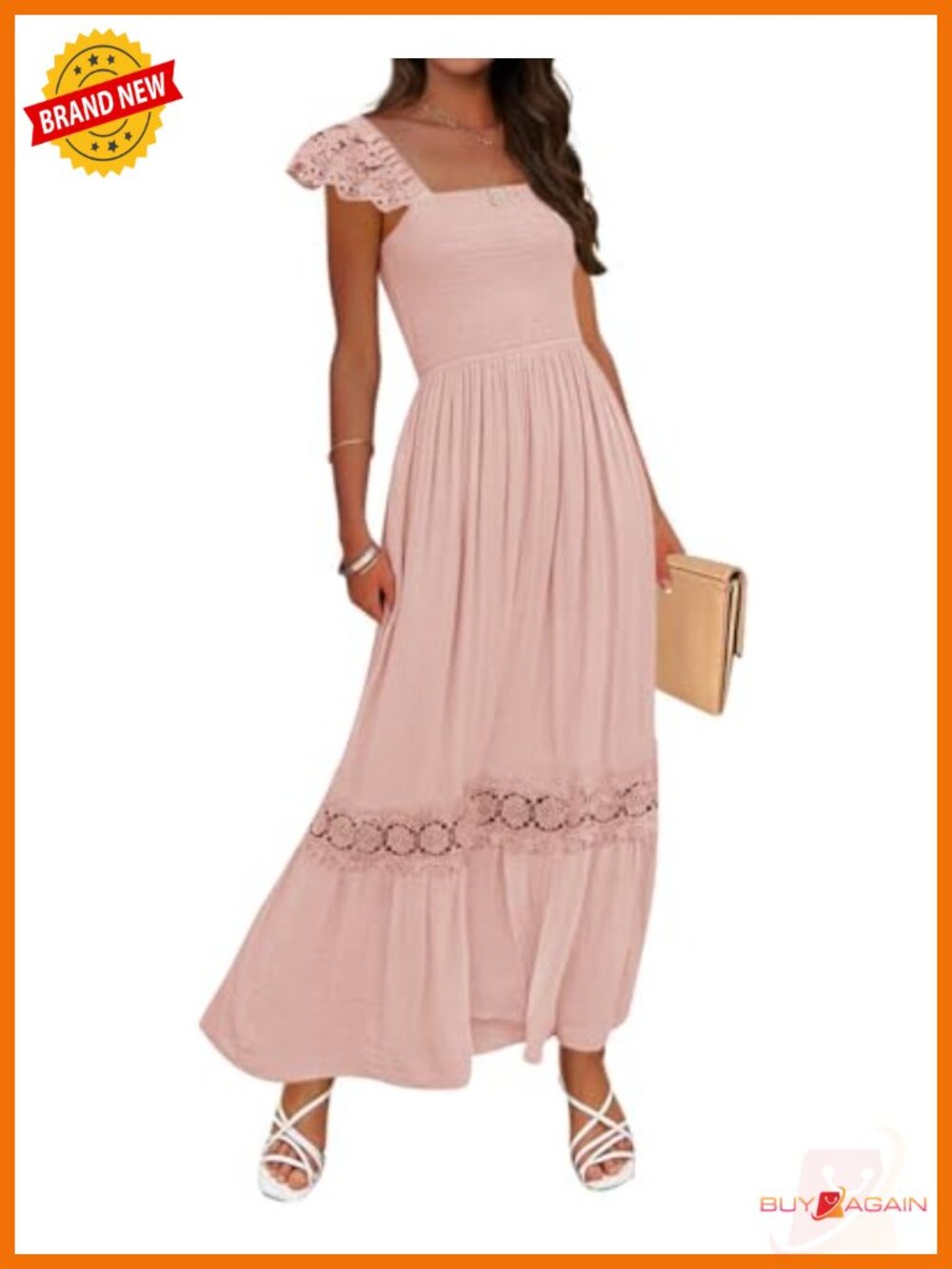 ZESICA Lace Strap Sleeveless Square Neck Smocked Flowy Maxi Dress
